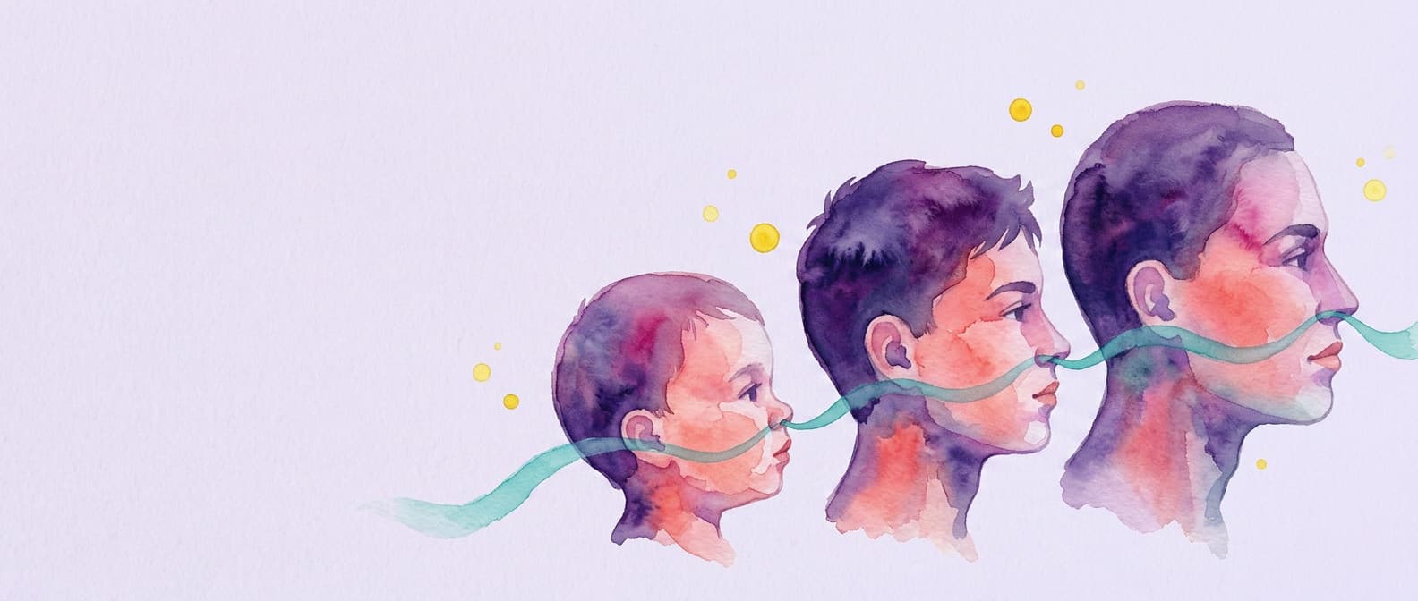 Watercolour of three profiles — child, teenager, adult — linked by one turquoise ribbon of breath through the nose